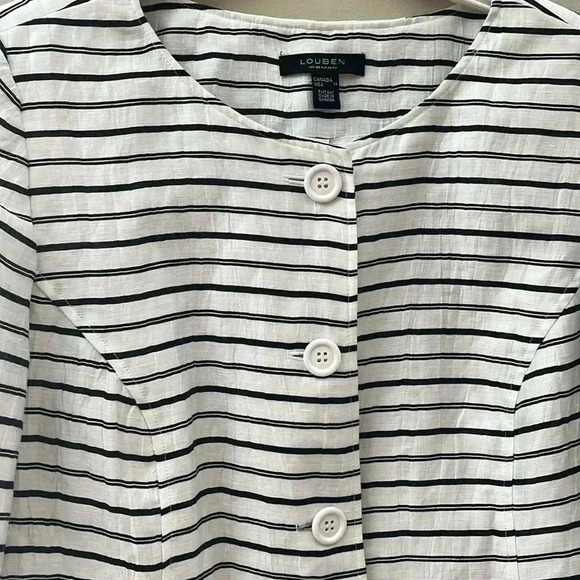 [14W]Louben 85% Linen Blend Black White Striped Button Down  3/4 Arm Blazer - Picture 2 of 5